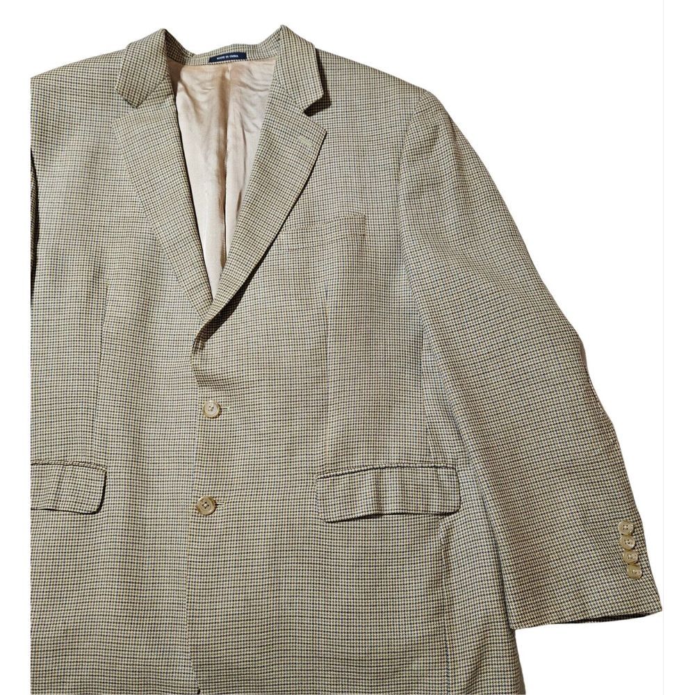 Ralph Lauren Mens 46L Tan Blue Houndstooth Silk Wool Sport Coat Blazer